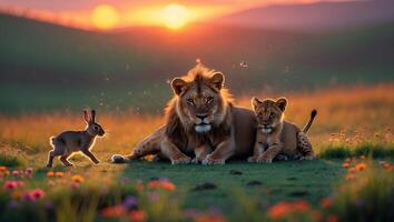 Lion Family and Rabbit in a Warm Sunset Meadow Scene photo