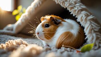 Guinea Pig Resting Comfortably Inside Its Cozy Bed with Sunlight photo