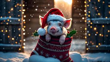 Piglet Wearing Santa Hat Inside Christmas Stocking in Snowy Scene photo
