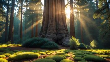 Giant Sequoia Tree Forest with Mossy Ground and Sunlight Streaming Through photo