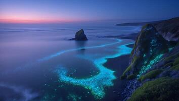 Coastal Bioluminescence at Dusk Waves Glow on Sandy Beach photo