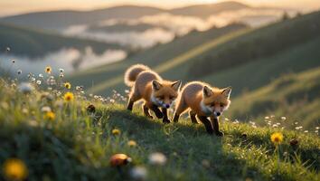 Two Fox Cubs Exploring Grassy Hillside Meadow in Gentle Morning Light photo