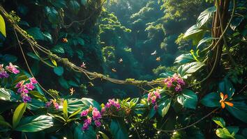 Lush Jungle Canopy with Vines, Orchids, and Filtered Sunlight photo