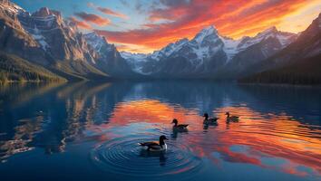 Ducks Swim Lake Reflecting Mountain Sunset with Vivid Sky Colors photo