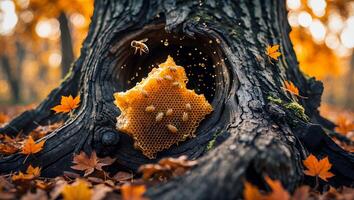Bees Flying Around Honeycomb Found Inside a Tree Trunk photo