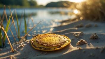 Pancake Stack on Sandy Beach Near Water at Sunset Peaceful Scene photo