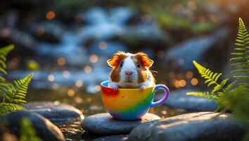 Guinea Pig Sitting in Cup in Nature with Bokeh Background photo