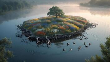 Island of Flowers and Tree in Lake with Ducks Swimming photo