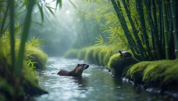 Otter Swimming Through Stream with Turtle on Mossy Bank photo
