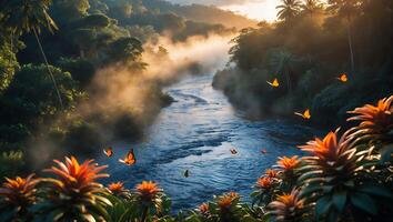 River Flowing Through Lush Tropical Forest with Butterflies at Sunrise photo