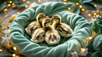 Ducklings Huddling in Fabric Nest Surrounded by Floral Decoration photo