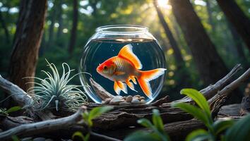 Goldfish Swimming in Bowl Placed Outdoors in Forest Setting photo