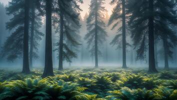 Foggy Forest Scene with Ferns and Tall Pine Trees at Dusk photo