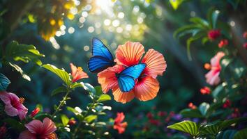 Blue Butterflies on Flower in a Lush Green Garden with Bokeh photo