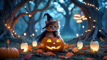 Cat Wearing Witch Hat Sits Atop Glowing Carved Pumpkin in Woods photo