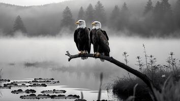 Eagles Perched on Branch Above Misty Lake Observing Serene Landscape photo