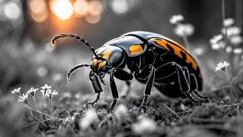 Close-up of Beetle Walking Through Flowers at Sunset with Bokeh photo