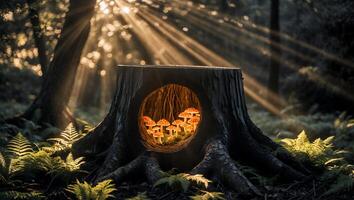 Mushrooms in Stump Hole Glowing in Forest Sunlight Creates Magic photo