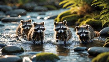 Raccoons Wading Through Shallow River Water Under Sunlight in Nature photo