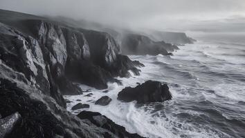Crashing Waves Against Rocky Cliffs in Coastal Landscape with Fog photo