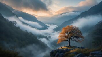 Lone Tree Standing on Cliff Overlooking Mountain Valley with Fog photo