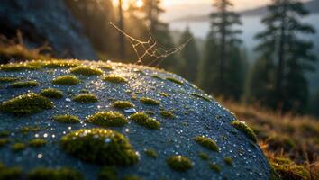 Mossy Rock with Water Droplets and Spiderweb in a Forest Setting photo