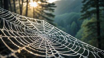 Spiderweb Glistens with Morning Dew in a Tranquil Forest Scene photo
