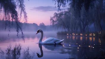 Swan Swimming Calmly on Lake with Fog and Soft Sunset Colors photo