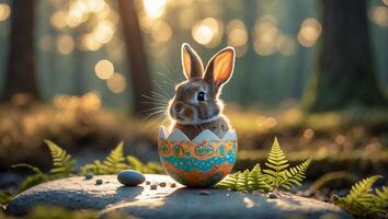 Rabbit Sitting Inside Decorative Eggshell in Forest with Ferns photo