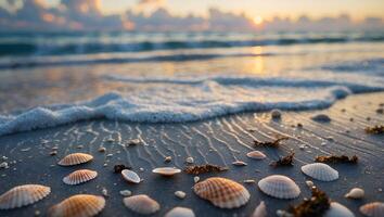 Seashells on Sandy Beach at Sunset with Gentle Wave Washing Ashore photo