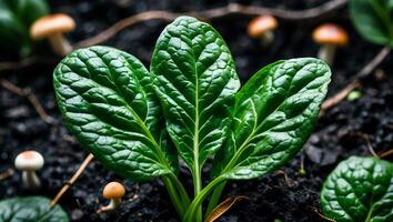 Close-up of Spinach Leaves Growing with Small Mushrooms in Soil photo
