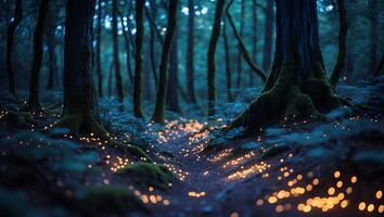 Walking Through Magical Forest Path with Glowing Lights Between Trees photo
