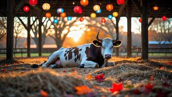 Cow Resting in Hay Under Lanterns at Sunset in Autumn photo