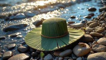 Green Hat on Rocky Shore with Small Frog Near Water photo