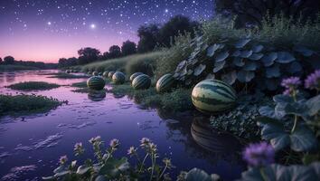 Watermelons by River at Twilight with Starry Sky Reflection photo