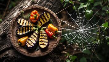 Grilled Eggplant and Peppers on Wood Plate with Spiderweb Backdrop photo