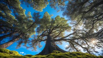 Looking Up at Majestic Trees Against a Clear Blue Sky photo