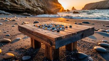 Pebbles on Wooden Table at Beach During Sunset with Ocean View photo
