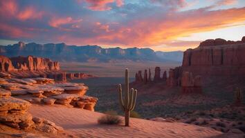 Cactus Stands in Desert Landscape Under Vibrant Sunset Sky photo