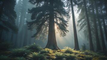 Sunlight Streaming Through Forest Trees with Ferns and Moss Ground photo