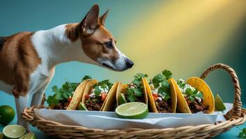 Dog Sniffing Tacos in a Woven Basket with Limes photo
