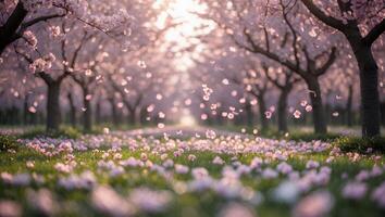 Cherry Blossom Tree Alley with Falling Petals in Springtime photo