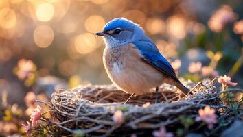 Bluebird Standing on a Nest Surrounded by Flowers in the Sunlight photo