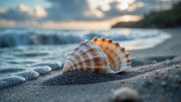 Seashell Resting on Beach Sand at Sunset with Ocean Waves photo