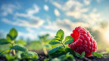 Raspberry Growing with Mint on Field with Blue Sky photo