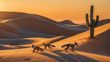 Foxes Walking Across Sandy Desert Landscape at Golden Hour Sunset photo