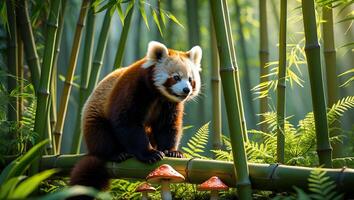 Red Panda Sitting in Bamboo Forest with Mushrooms Below photo