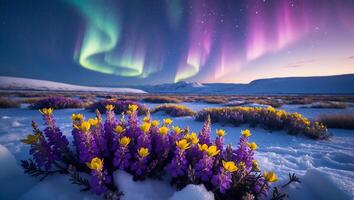Blooming Flowers Under Aurora Borealis Display in Snowy Winter Landscape photo