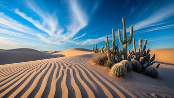Cactus and Desert Landscape with Sand Dunes and Cirrus Clouds photo