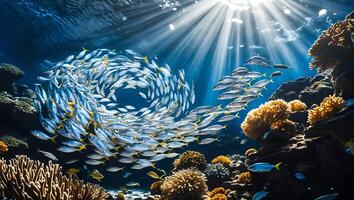 School of Fish Swimming in a Swirl Formation Near a Coral Reef photo